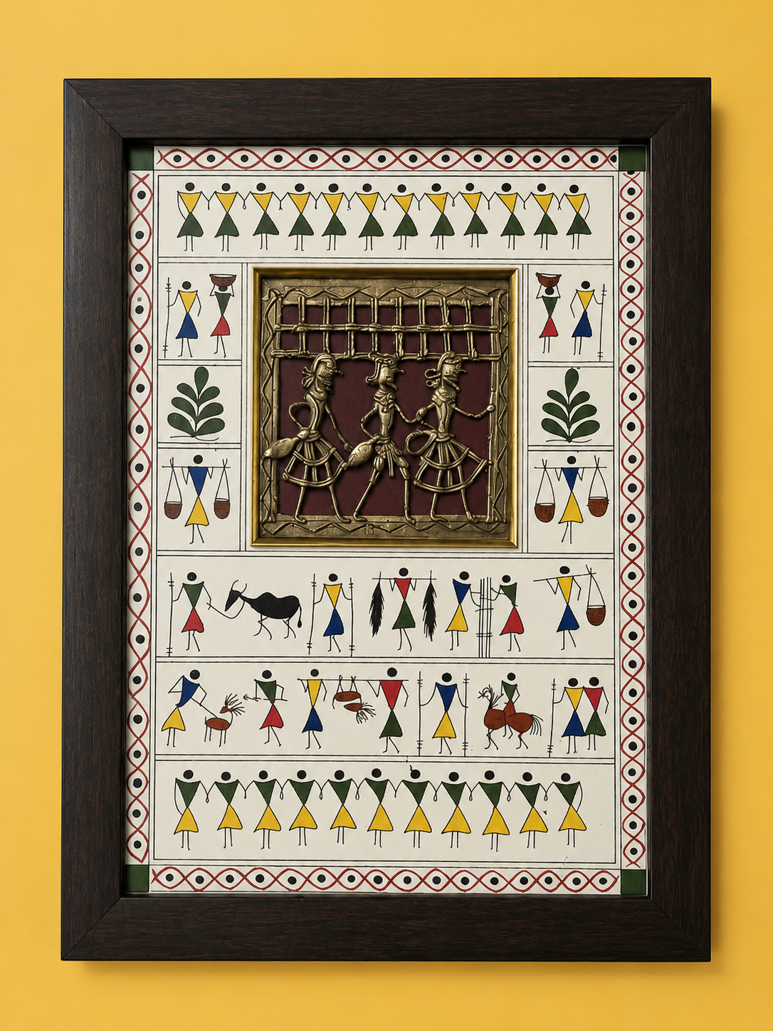Tribal 3 Figure Brass Square Hand Artwork with Warli Art Frame