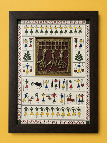 Tribal 3 Figure Brass Square Hand Artwork with Warli Art Frame