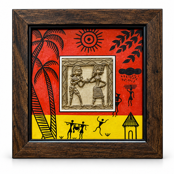 Dhokra 02 Figure Jali Frame With Warli Print (8"X8")