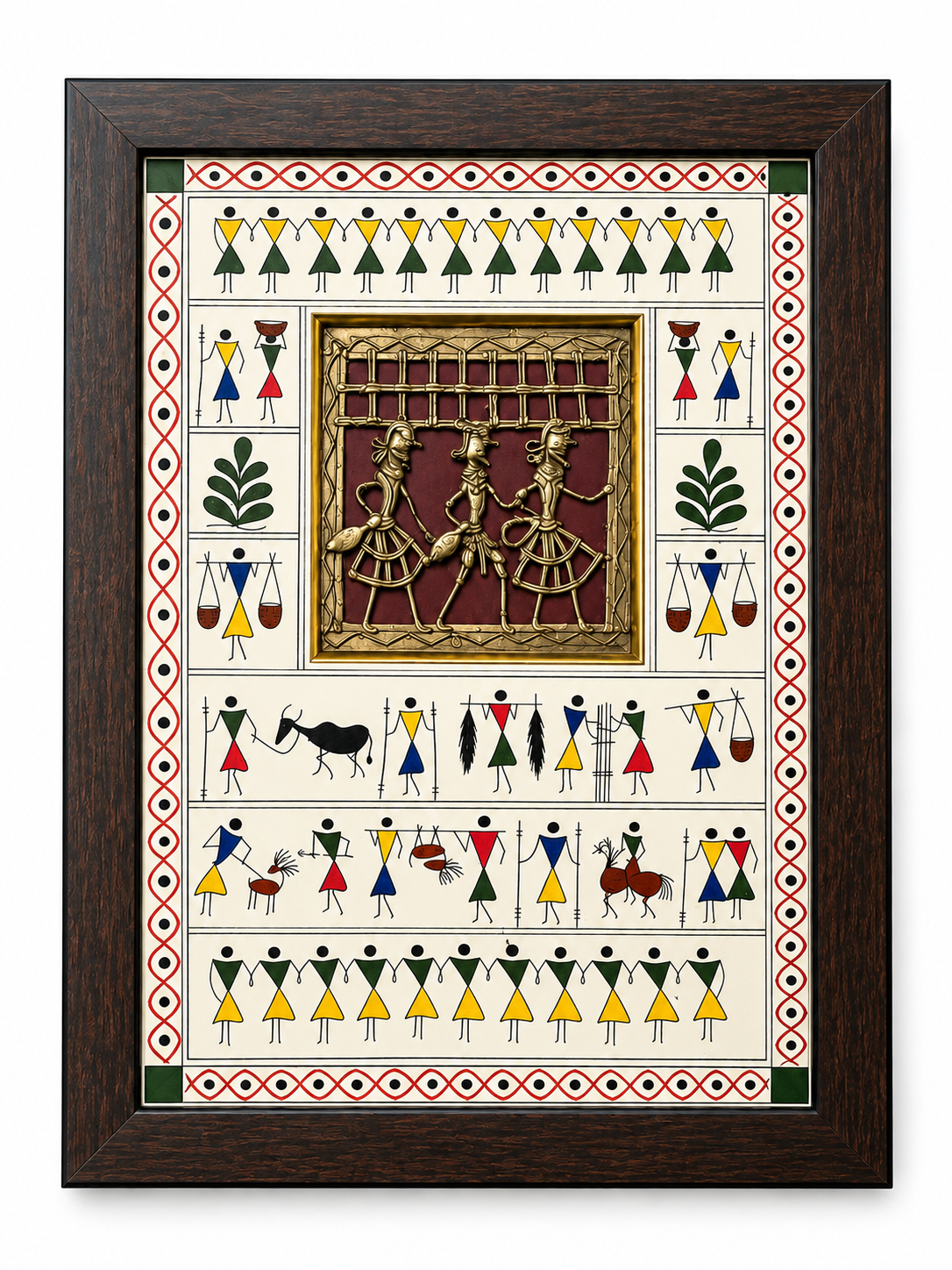 Tribal 3 Figure Brass Square Hand Artwork with Warli Art Frame