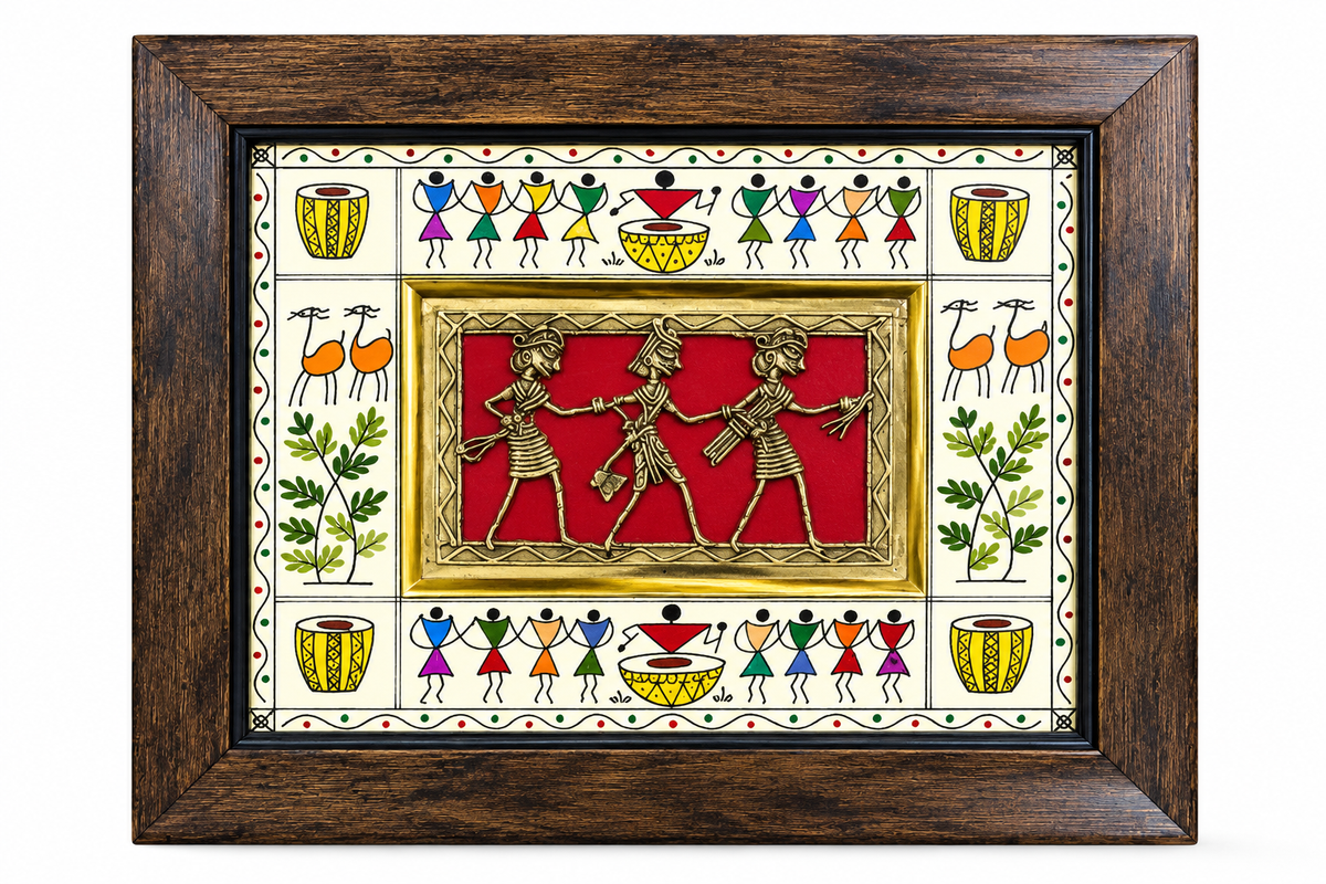TRIBAL THREE FIGURE JALI FRAME WITH WARLI ART 10X08