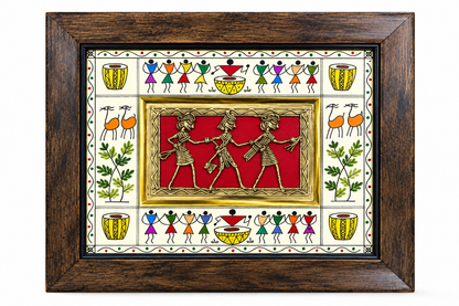 TRIBAL THREE FIGURE JALI FRAME WITH WARLI ART 10X08