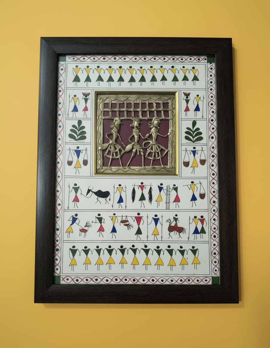 Tribal 3 Figure Brass Square Hand Artwork with Warli Art Frame