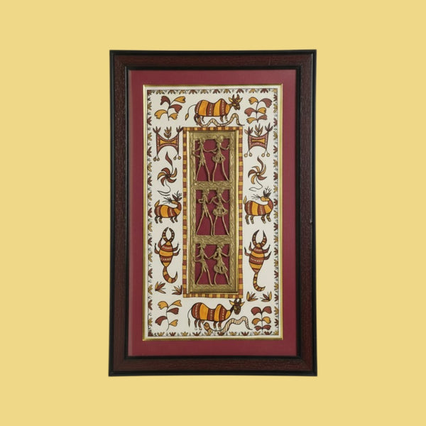 Dhokra Art Brass Work Six Figure Square Jali Wooden Frame – Sohrai Art Mounting